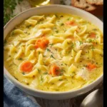 Creamy chicken noodle soup in a bowl with fresh herbs and vegetables