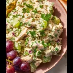 Delicious creamy chicken salad served in a bowl with fresh ingredients