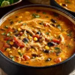 Delicious creamy chicken tortilla soup with toppings in a bowl