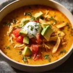 A bowl of creamy chicken tortilla soup garnished with tortilla strips and herbs.
