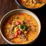 Bowl of creamy Cowboy Soup garnished with herbs and served with bread.