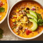 Creamy taco soup garnished with cheese and cilantro in a bowl