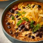 Bowl of creamy taco soup garnished with cilantro and tortilla strips