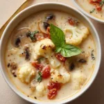 Bowl of creamy Tuscan cauliflower soup garnished with fresh herbs and spices
