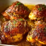 Crispy baked chicken thighs served with garnish on a plate
