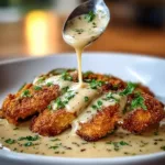 Crispy Parmesan Chicken topped with rich garlic sauce on a plate