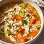 Delicious bowl of Crockpot Chicken Rice Soup with herbs and vegetables
