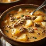 Bowl of Crockpot Creamy Potato & Hamburger Soup with vegetables and spices