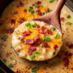 Crockpot potato soup made with frozen potatoes, served in a bowl.