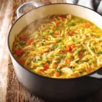 A bowl of Dutch Oven Chicken Noodle Soup with vegetables and noodles, served warm.