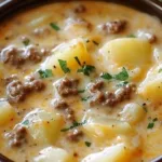 Bowl of easy cheesy hamburger potato soup garnished with herbs.