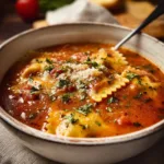 Bowl of creamy lasagna soup garnished with cheese and herbs