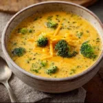 Bowl of easy Instant Pot broccoli cheddar soup garnished with cheese and broccoli florets