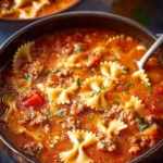 A bowl of delicious easy lasagna soup topped with cheese and herbs.