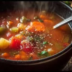 A bowl of easy rustic tomato vegetable soup with fresh vegetables and herbs