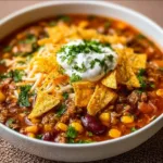 Bowl of easy taco soup with toppings like cheese and avocado