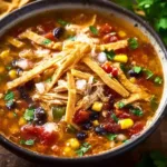 Bowl of easy tortilla soup topped with avocado and tortilla strips
