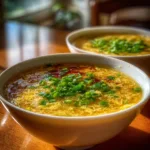 Bowl of homemade egg drop soup with eggs and fresh garnishes