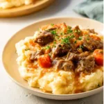 Bowl of fall apple cider stew served over a bed of mashed potatoes