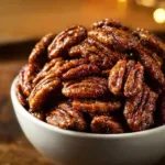 A bowl of Gingersnap Pecans, showcasing their sweet and spicy coating.