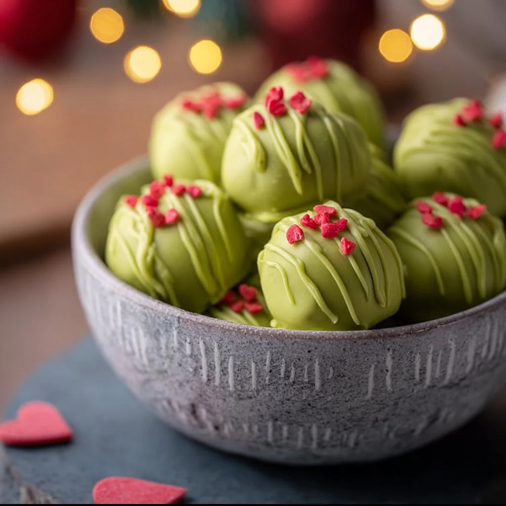 Grinch Oreo Truffles 1 Festive Grinch Oreo Truffles decorated with green chocolate and red accents