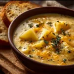 Bowl of hearty cheddar garlic herb potato soup garnished with fresh herbs
