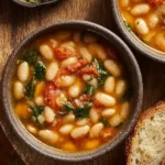 Bowl of hearty navy bean soup with vegetables and herbs