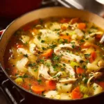 A bowl of homemade chicken soup with vegetables and herbs