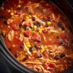 Bowl of homemade crockpot chicken tortilla soup topped with tortilla strips and cilantro