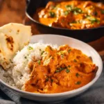 Delicious Indian butter chicken served with naan and rice