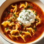 Bowl of delicious Instant Pot lasagna soup topped with cheese and herbs