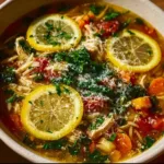 Bowl of Italian Penicillin Soup garnished with fresh herbs and vegetables