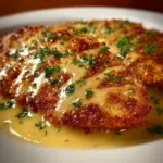 Delicious Longhorn Parmesan Chicken plated with garnish.