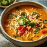 Bowl of low-carb chicken tortilla soup garnished with fresh cilantro and lime.
