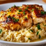 No Peek Chicken Casserole with tender chicken and savory veggies