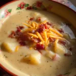 Bowl of creamy old-fashioned potato soup with herbs and toppings