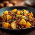 One-Pan Ground Beef with Potatoes dish served in a cozy setting