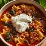 Delicious one-pot lasagna soup garnished with herbs and cheese
