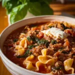 Delicious One-Pot Lasagna Soup served in a bowl with melted cheese and herbs