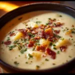 Bowl of creamy Outback Potato Soup garnished with green onions and bacon bits