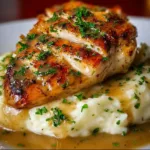 Juicy oven baked chicken breast on a plate garnished with herbs