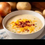Bowl of creamy Paula Deen potato soup garnished with herbs