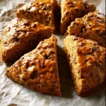 Freshly baked pumpkin pecan scones on a rustic wooden table.