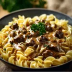 Savory beef stroganoff with ground beef served in a cozy setting