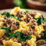Savory ground beef and egg scramble served in a skillet