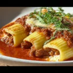 Savory stuffed manicotti with meat sauce served on a plate.