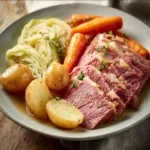 Slow cooker corned beef and cabbage served in a rustic bowl.