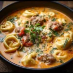 Bowl of slow cooker creamy sausage tortellini soup with herbs