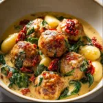 Delicious slow cooker Tuscan chicken meatballs served with gnocchi.