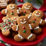 Soft and chewy gingerbread men cookies decorated with icing and candy.
